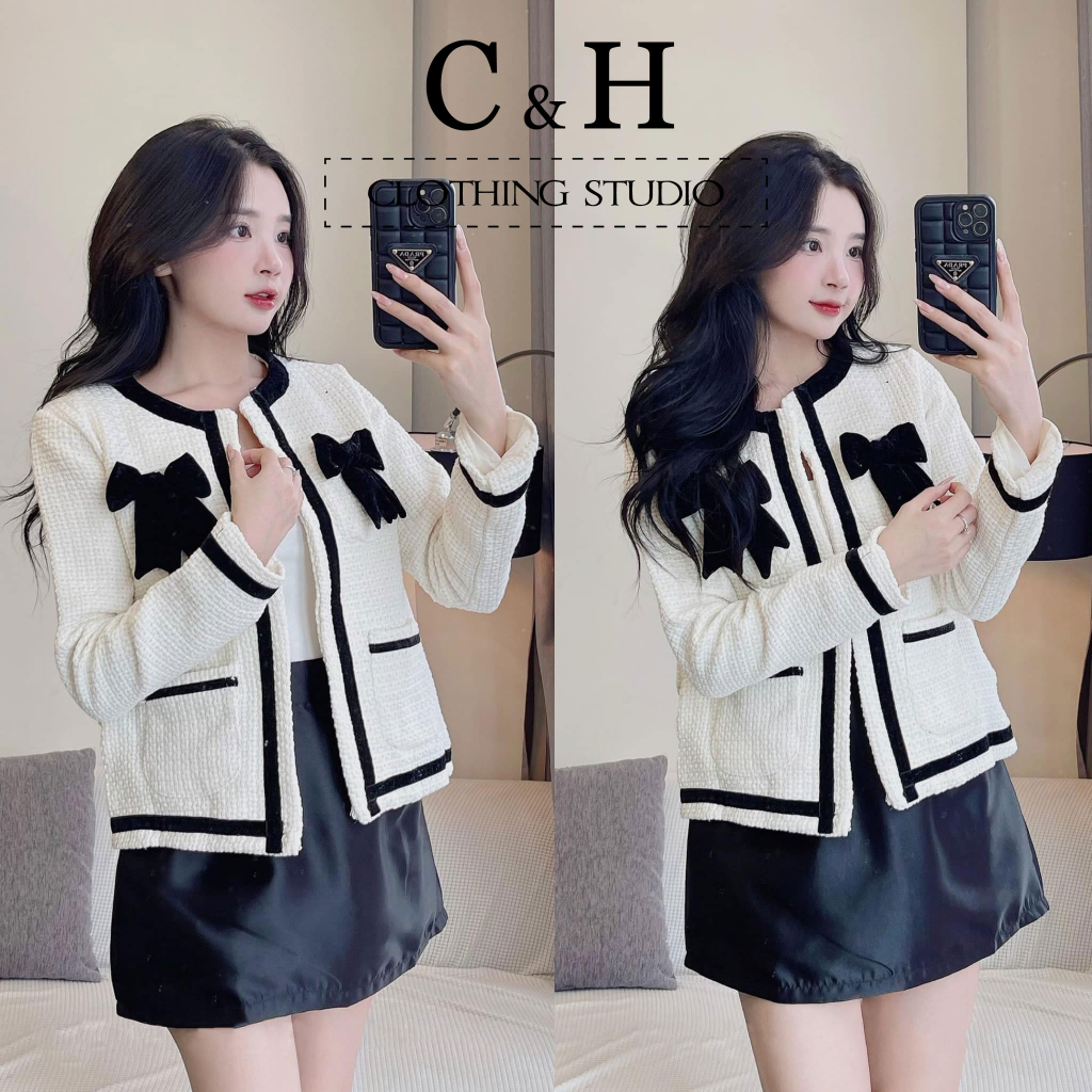 Áo dạ Tweed nữ dài tay tweet dáng lửng phối viền nhung đính nơ ngực C&H Clothing