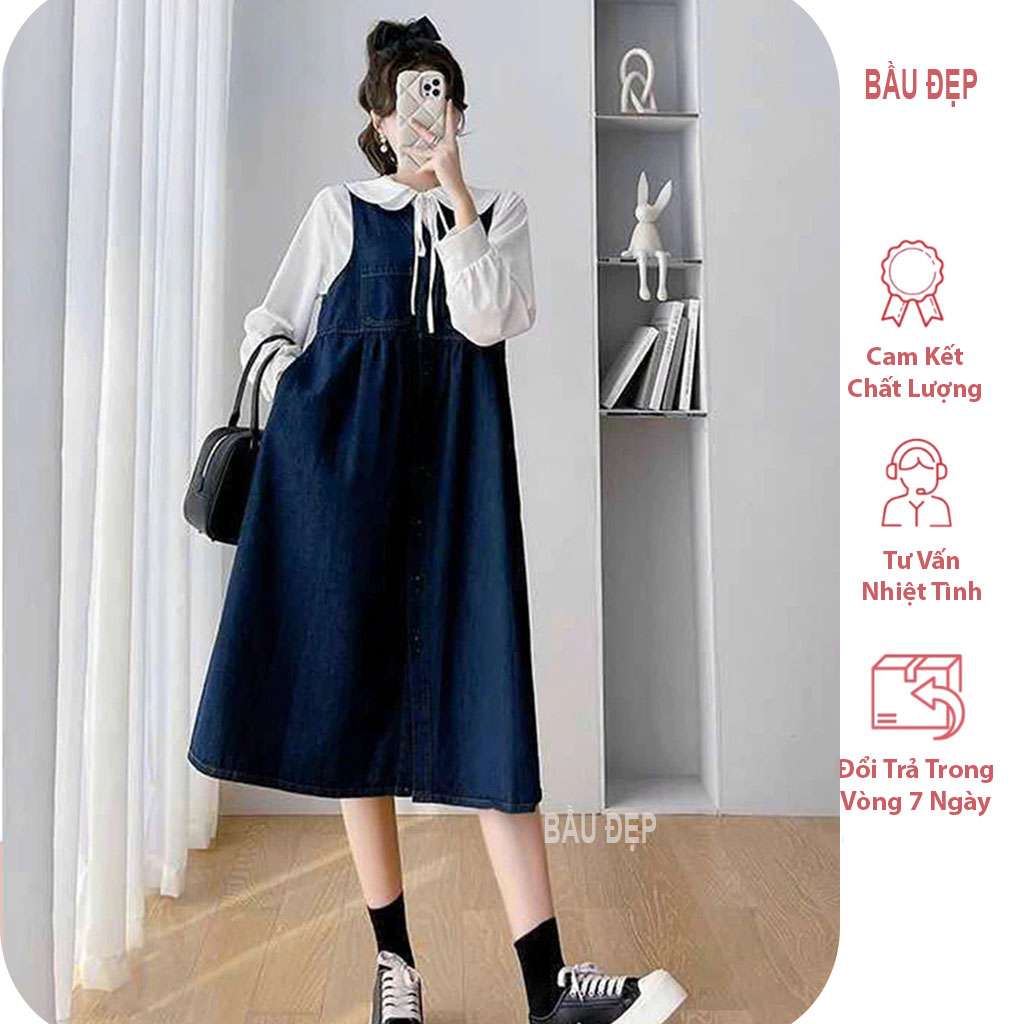 Váy yếm bầu thời trang thu đông chất liệu denim dáng suông rộng
