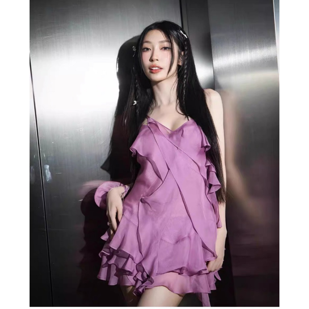 SET BỘ 2 DÂY KÈM CHÂN VÁY 2 TẦNG, ÁO 2 DÂY TÍM ROSE BLACKPINK  MẪU HOT TREND 2023