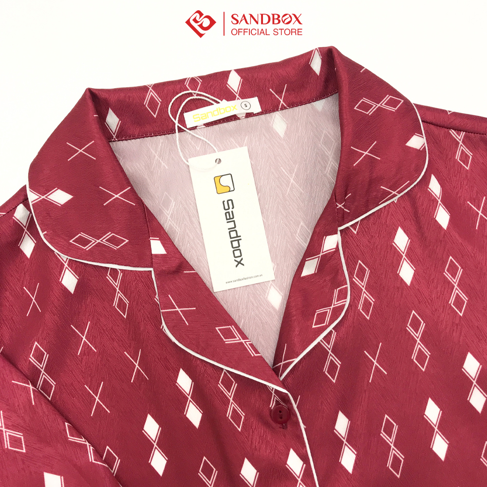 Đồ bộ SANDBOX bộ Pijama thiết kế áo dài quần dài, chất lụa vân xương cá, hoạ tiết hình khối đơn giản, trang nhã BPD23006