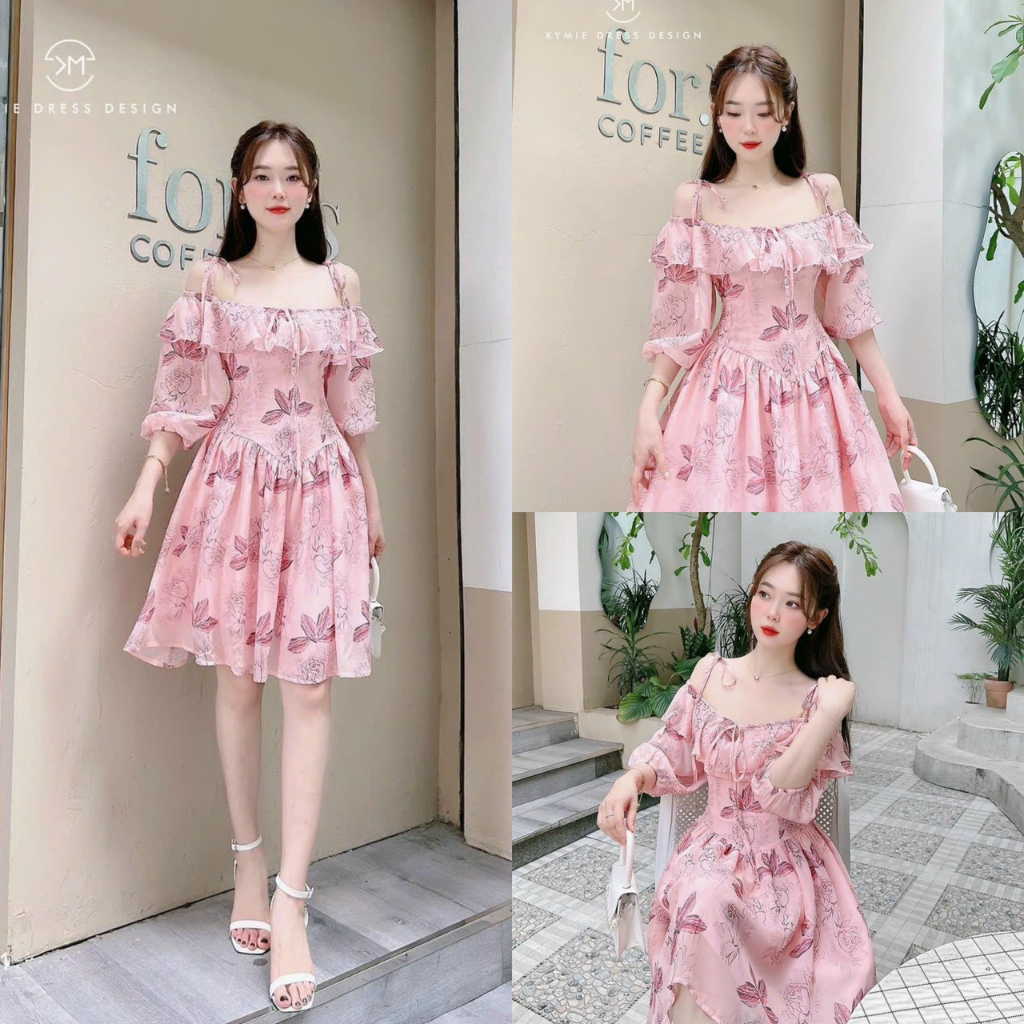Đầm váy nữ voan hoa trễ vai họa tiết xòe bèo tay phồng ( có lót, có mút ngực ) dễ thương xinh xắn dự tiệc đi chơi
