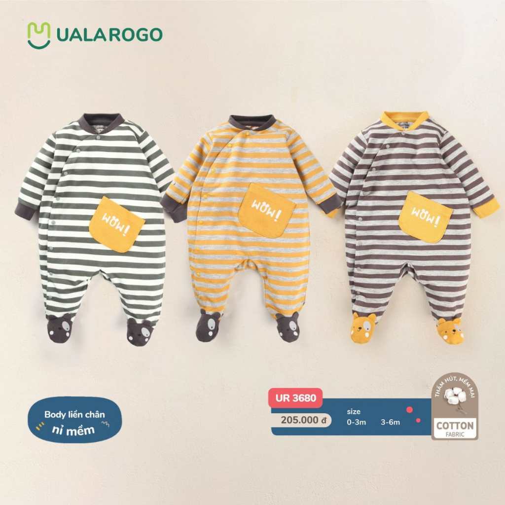 Bodysuit cho bé sơ sinh Ualarogo 0 - 6 tháng liền chân cúc chéo vải Cotton Nỉ mềm mại ấm áp co giãn thoáng khí 3680