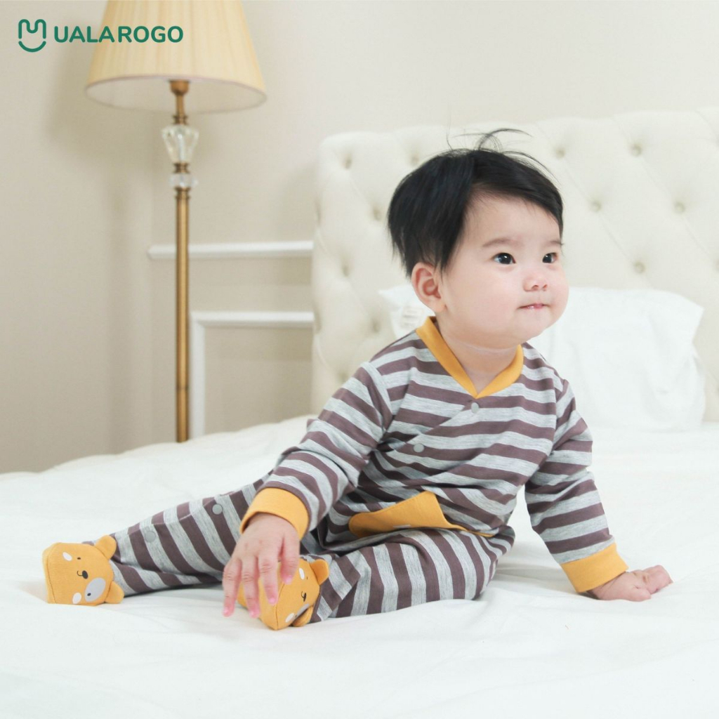 Bodysuit cho bé sơ sinh Ualarogo 0 - 6 tháng liền chân cúc chéo vải Cotton Nỉ mềm mại ấm áp co giãn thoáng khí 3680