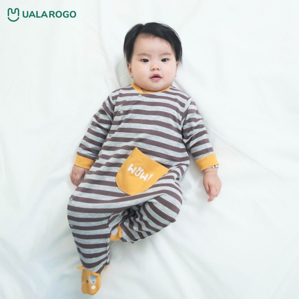 Bodysuit cho bé sơ sinh Ualarogo 0 - 6 tháng liền chân cúc chéo vải Cotton Nỉ mềm mại ấm áp co giãn thoáng khí 3680