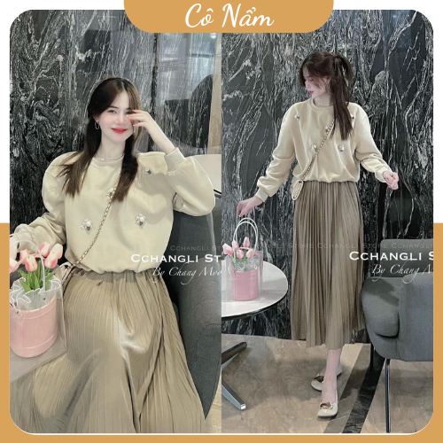 Set Váy Nữ Áo Nỉ Thêu Hoa Nhí Nổi Màu Kem Mix Chân Váy Xếp Ly Dáng Dài Freesize