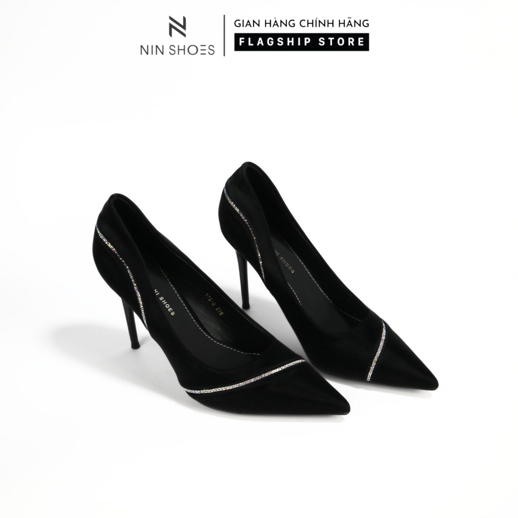 Cao gót Ninshoes 10 cm gót nhọn mũi nhọn bít gót có viền đá vát chéo mũi trước viền đá ôm gót sau