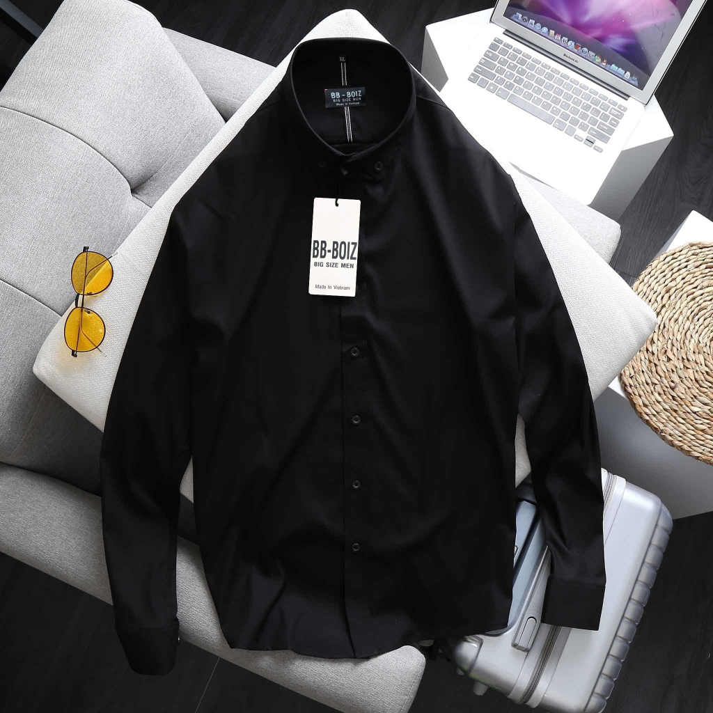 Bigsize - Áo Sơ Mi Nam BB - Boiz Tay Dài Chất Lụa Cao Cấp Màu Trắng Đen Form bigsize