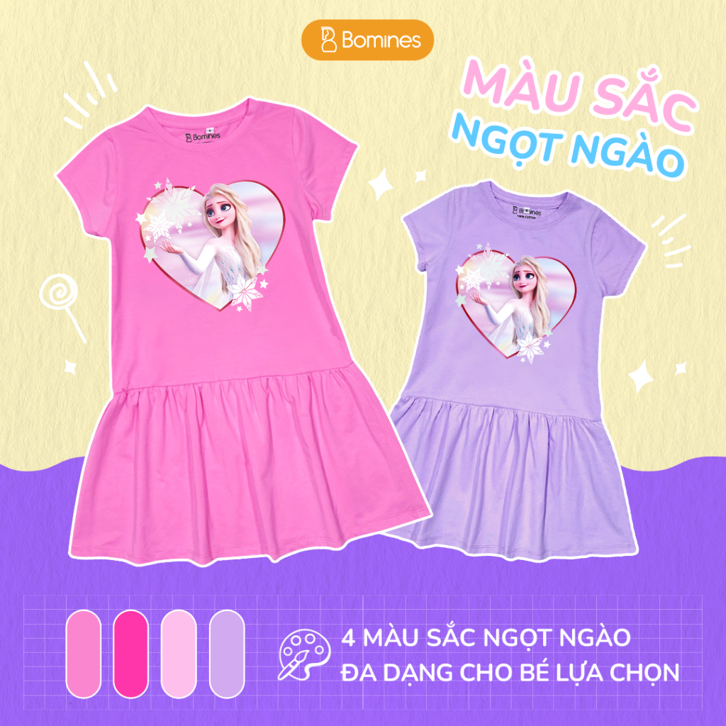 Váy bé gái công chúa Elsa BOMINES, cotton thoáng mát đủ size cho bé 2- 8 tuổi, 9- 24kg DTNELSATIMBONGTUYET