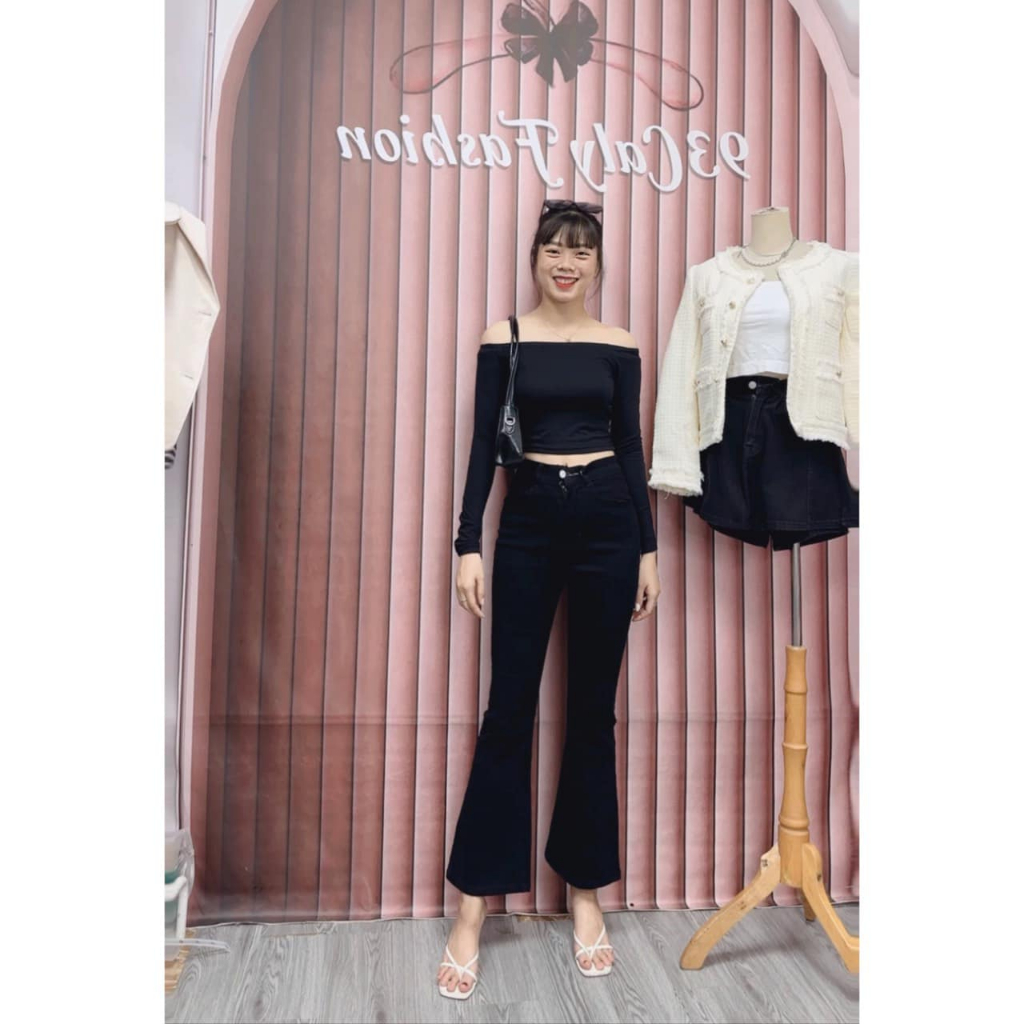 -6086 Quần Jean Nữ Loe Trơn May Gấu Tôn Chân Dài, Jean ống loe co giãn thoải mái may lai HOT tren HIT 2023