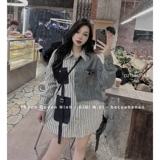 Áo sơ mi sọc tay dài phối jean in chữ cá tính 0809