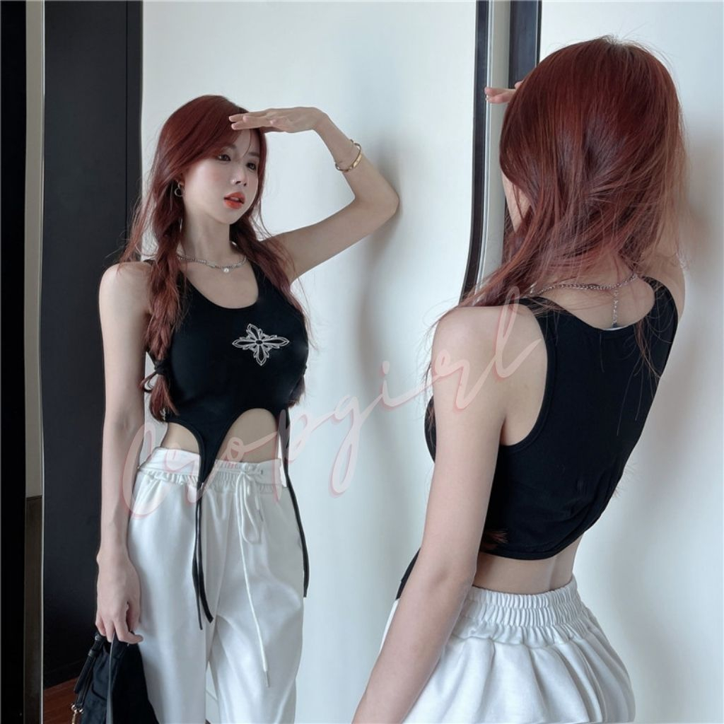Áo 3 lỗ nữ CROPGIRL dáng áo croptop ôm body in hình thập giá phối dây eo siêu tôn dáng chất vải dày dặn co giãn 3L5 | BigBuy360 - bigbuy360.vn