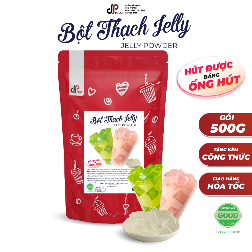 Bột Jelly DPFOOD 500G - Làm Thạch Đào, Topping Trà Sữa, Freeze Đá Xay,...- Dẻo Dai, Thơm Ngon - Tặng Kèm Công Thức