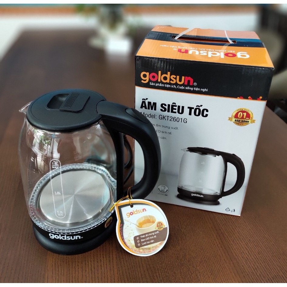 Ấm siêu tốc thủy tinh chịu nhiệt Goldsun GKT2601G GKT2605 đun sôi trong 3p tự ngắt khi sôi, bảo hành chính hãng