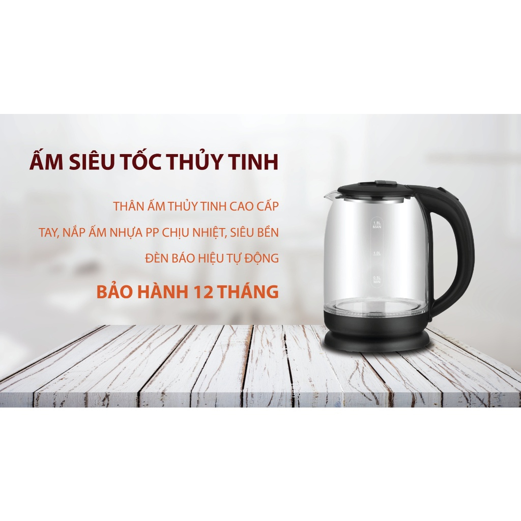 Ấm siêu tốc thủy tinh chịu nhiệt Goldsun GKT2601G GKT2605 đun sôi trong 3p tự ngắt khi sôi, bảo hành chính hãng