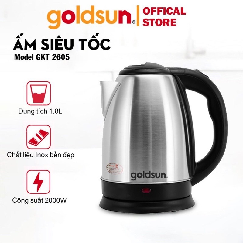 Ấm siêu tốc thủy tinh chịu nhiệt Goldsun GKT2601G GKT2605 đun sôi trong 3p tự ngắt khi sôi, bảo hành chính hãng