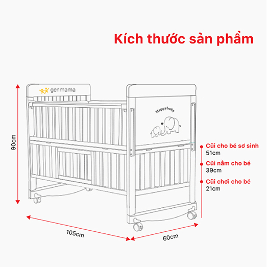 Cũi gỗ thông minh 2 tầng GENMAMA , nôi giường đa năng 6 chế độ kích thước 105*60*90 cm