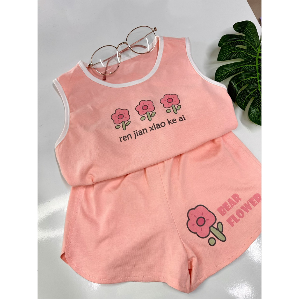 Set Áo Ba Lỗ Thun Cotton + Quần Đùi Hồng Hình Bông Hoa Xinh Dành Cho Bé Gái