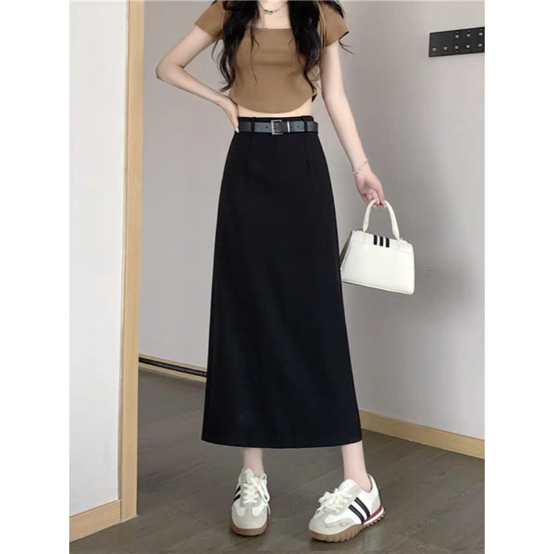 Chân váy A dáng dài xẻ sau chất tuyết mưa kèm đai  có bigsize! Linhchi.studio