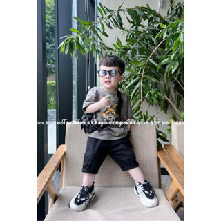 Sale Lẻ Size> Set bộ bé trai, áo cotton in thỏ xám, quần kaki mềm túi hộp xịn xò