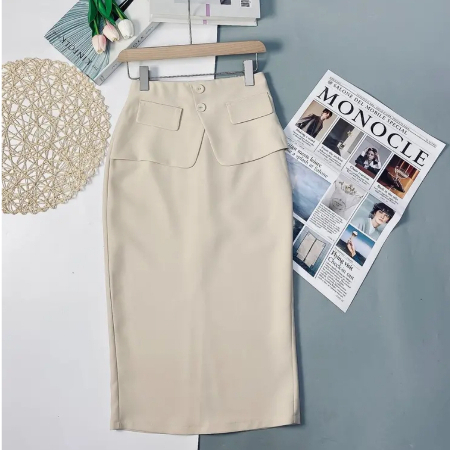 Chân Váy Bút Chì 2 Lớp có Tà Chéo V che bụng đính cúc thời trang KM1