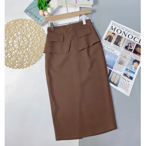 Chân Váy Bút Chì 2 Lớp có Tà Chéo V che bụng đính cúc thời trang KM1