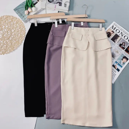 Chân Váy Bút Chì 2 Lớp có Tà Chéo V che bụng đính cúc thời trang KM1