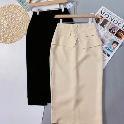 Chân Váy Bút Chì 2 Lớp có Tà Chéo V che bụng đính cúc thời trang KM1