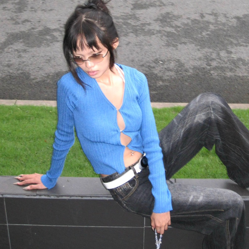 Áo cardigan xanh biển hở