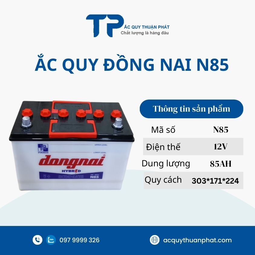 Bình ắc quy Đồng Nai N85 12V-85ah chuyên dùng cho xe tải nặng như xe tải Jac, Xe tải Huynhdai, xe tải Isuzu, v.v.v.