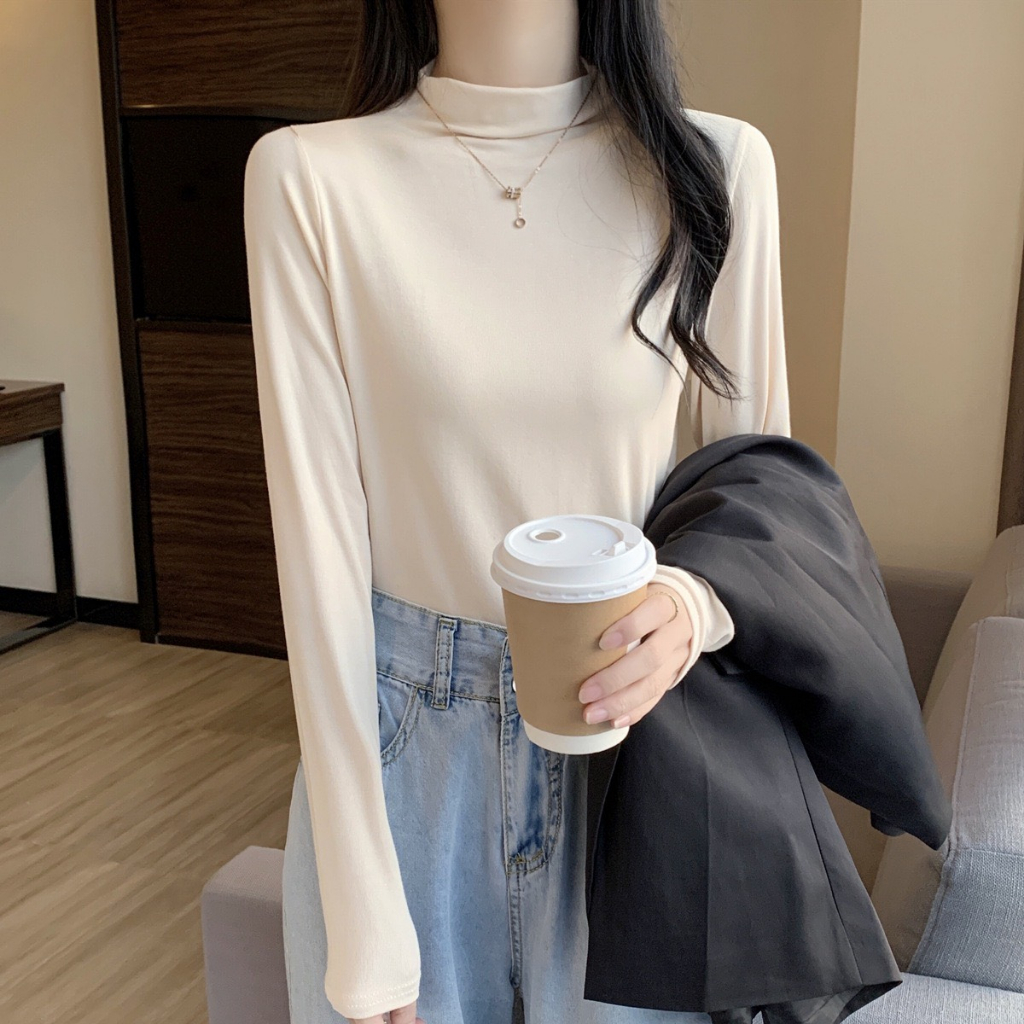 Áo giữ nhiệt nữ dài tay chất cotton co giãn cổ cao ôm dáng-GiunhietMuji207_P0K41