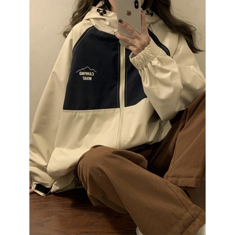 Áo  khoác gió dày dặn 2 lớp có túi phối màu unisex có mũ form rộng-Aogiophoimau415_