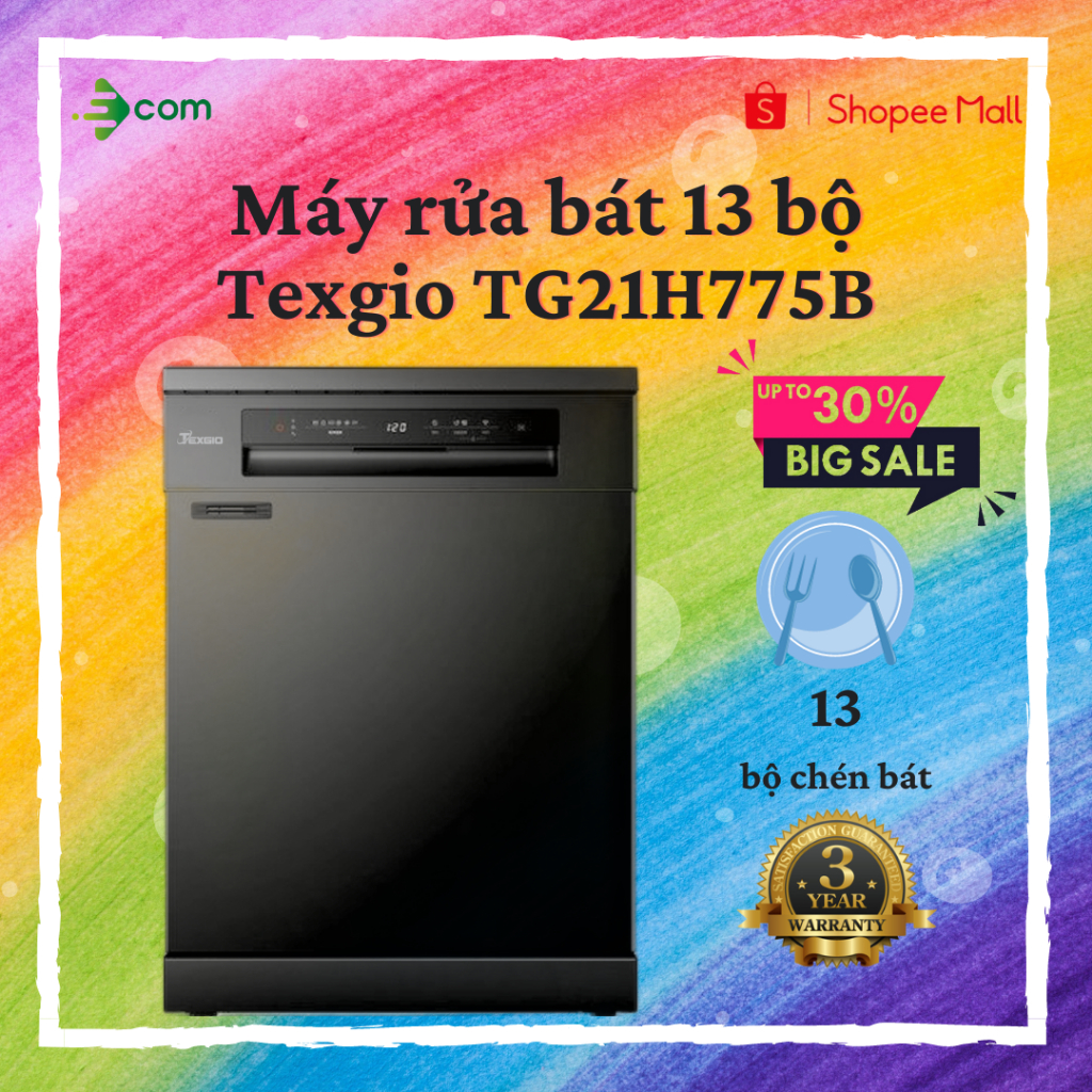 Máy rửa chén bát Texgio 13 bộ TG21H775B rửa sạch sấy khô, diệt khuẩn UV phù hợp với gia đình đông người