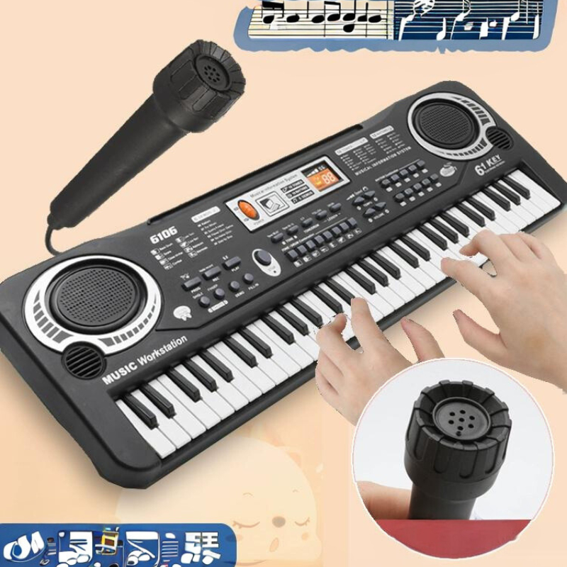 Đồ chơi đàn kèm mic có loa giúp bé giải trí 6 bàn phím kèm mic 6 bài hát,16 tone nhạc,và các giai điệu âm nhạc