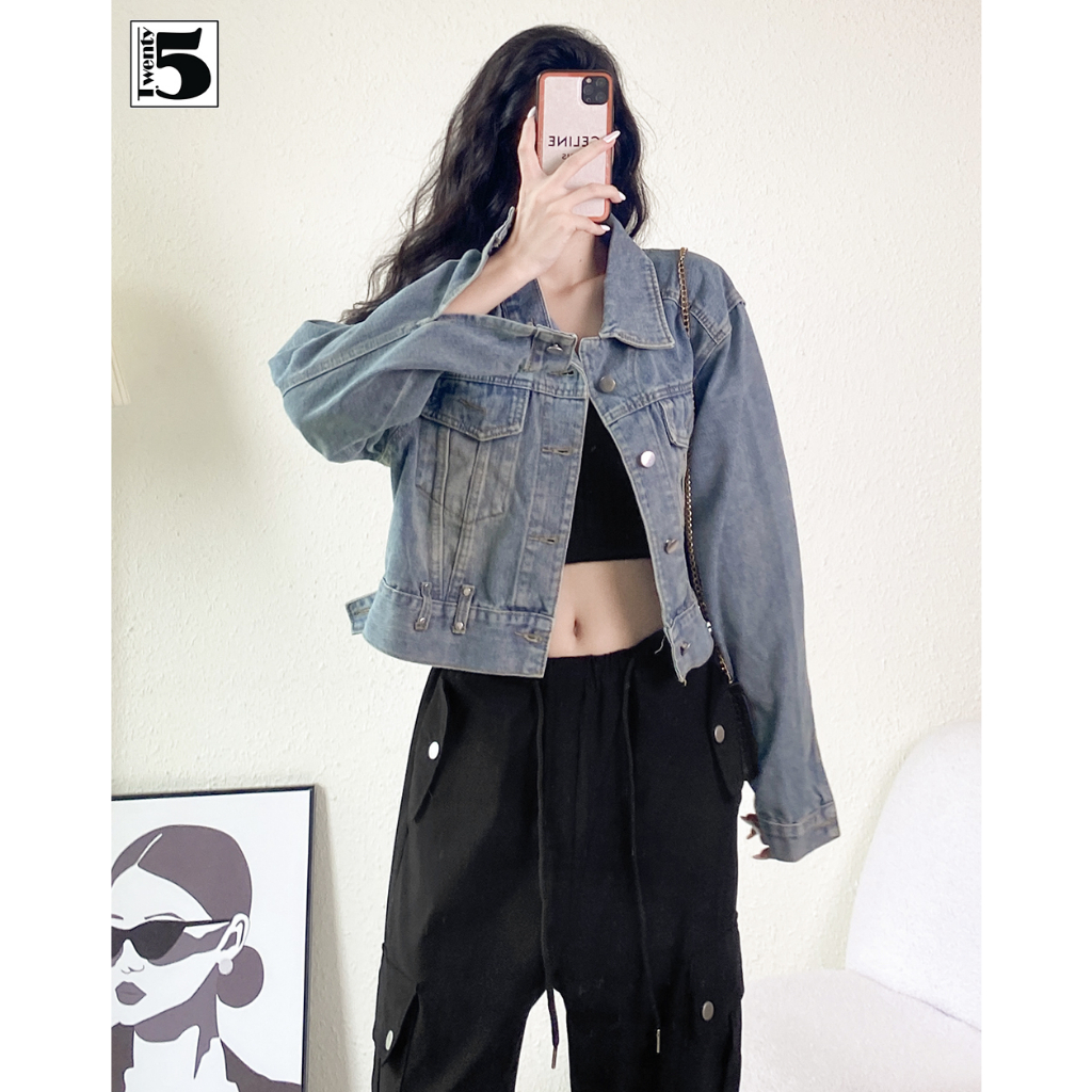 Áo khoác jeans nữ Twentyfive denim jacket dáng rộng ngắn túi ốp giả cá tính 5043