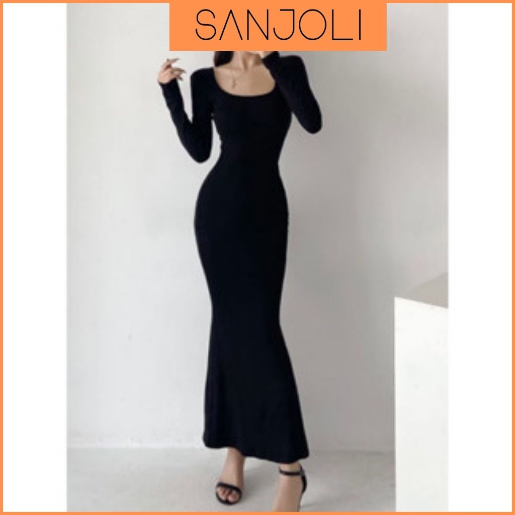 Đầm Body Thun Tay Dài SANJOLI Váy Body Trơn Dáng Dài Phong Cách Cổ Điển Thanh Lịch Cổ Tròn Rất Xinh Mùa Thu Đông VD004