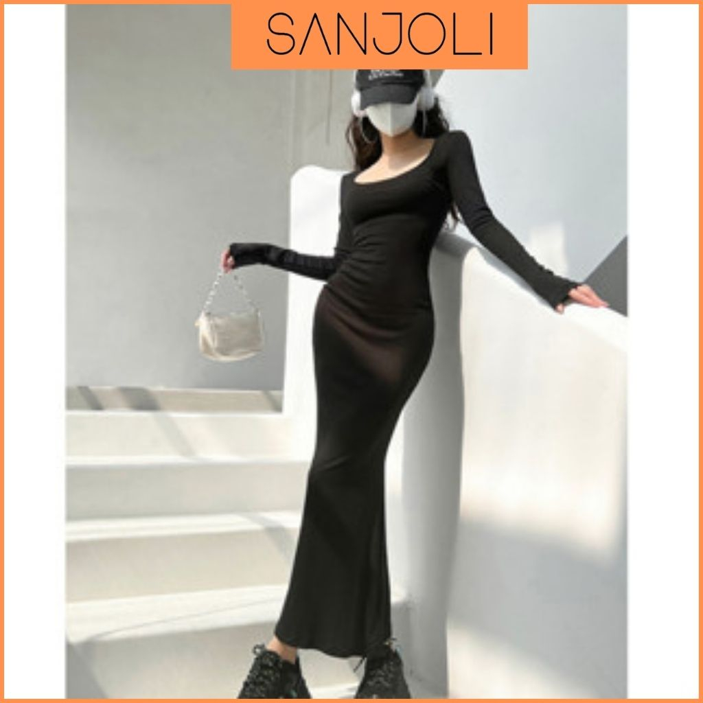 Đầm Body Thun Tay Dài SANJOLI Váy Body Trơn Dáng Dài Phong Cách Cổ Điển Thanh Lịch Cổ Tròn Rất Xinh Mùa Thu Đông VD004