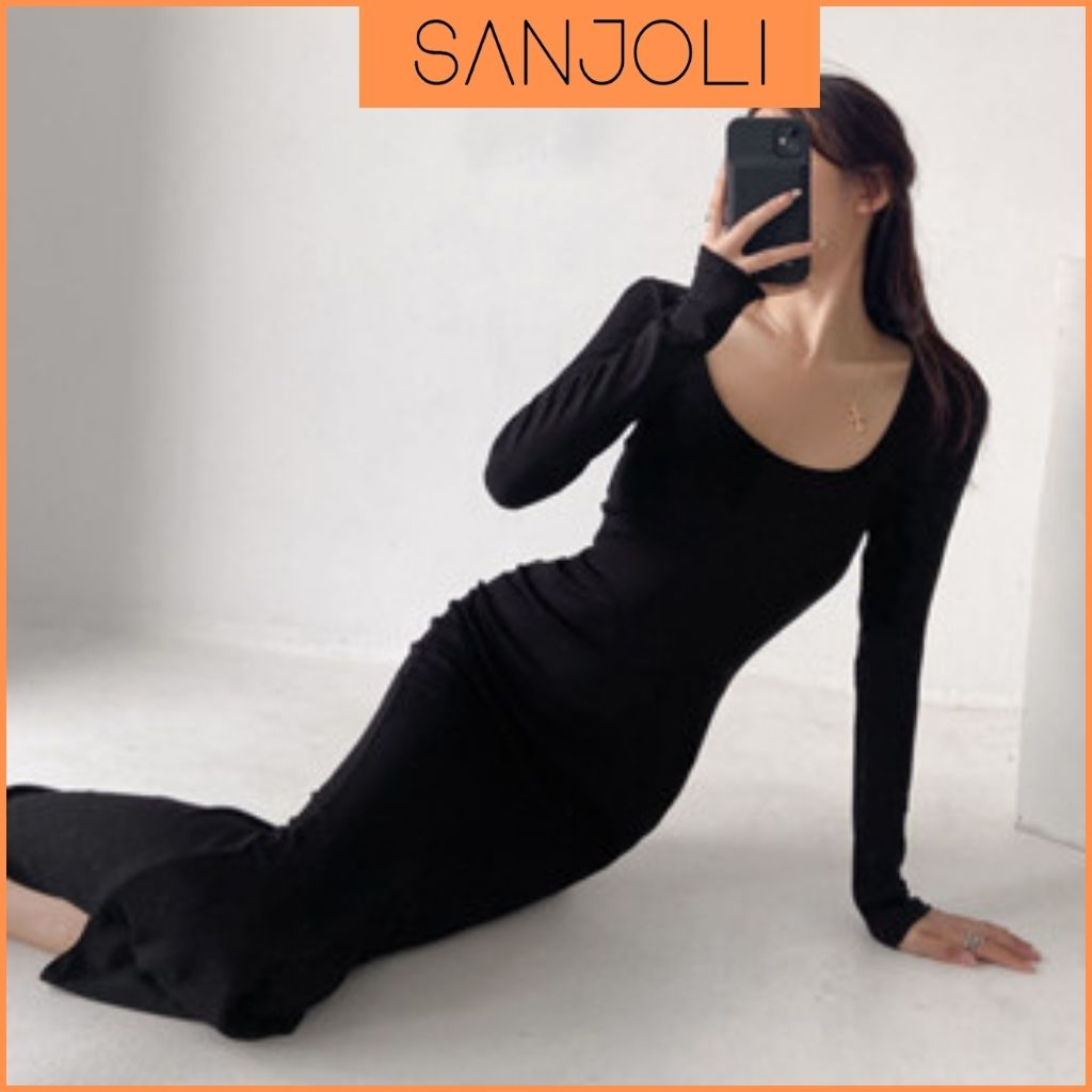 Đầm Body Thun Tay Dài SANJOLI Váy Body Trơn Dáng Dài Phong Cách Cổ Điển Thanh Lịch Cổ Tròn Rất Xinh Mùa Thu Đông VD004