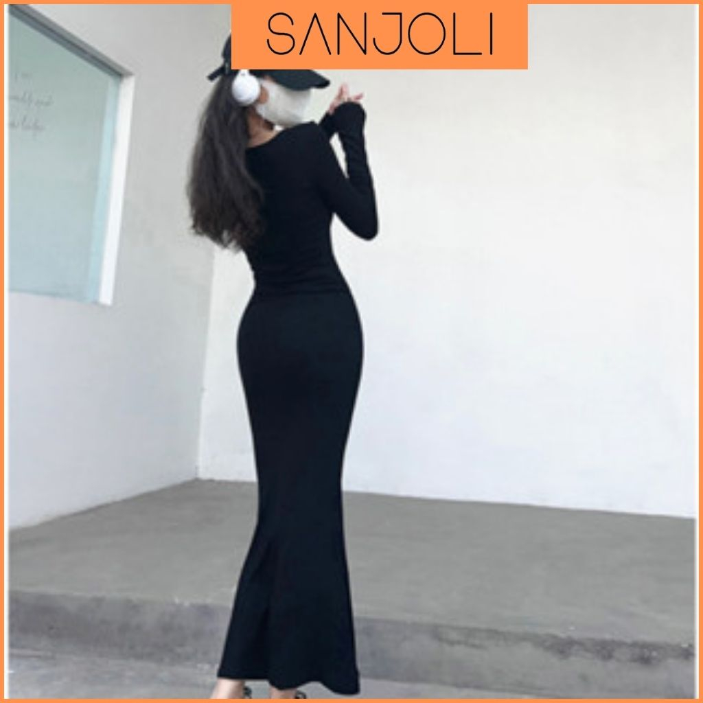 Đầm Body Thun Tay Dài SANJOLI Váy Body Trơn Dáng Dài Phong Cách Cổ Điển Thanh Lịch Cổ Tròn Rất Xinh Mùa Thu Đông VD004