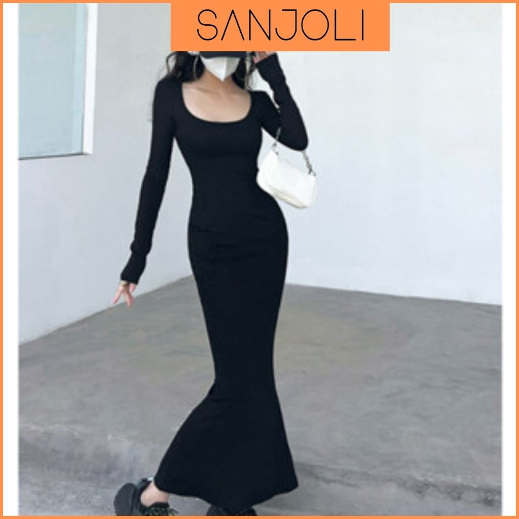 Đầm Body Thun Tay Dài SANJOLI Váy Body Trơn Dáng Dài Phong Cách Cổ Điển Thanh Lịch Cổ Tròn Rất Xinh Mùa Thu Đông VD004