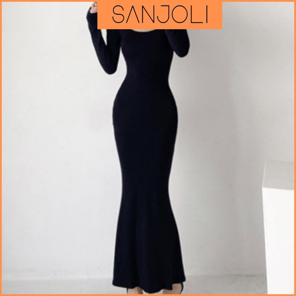 Đầm Body Thun Tay Dài SANJOLI Váy Body Trơn Dáng Dài Phong Cách Cổ Điển Thanh Lịch Cổ Tròn Rất Xinh Mùa Thu Đông VD004