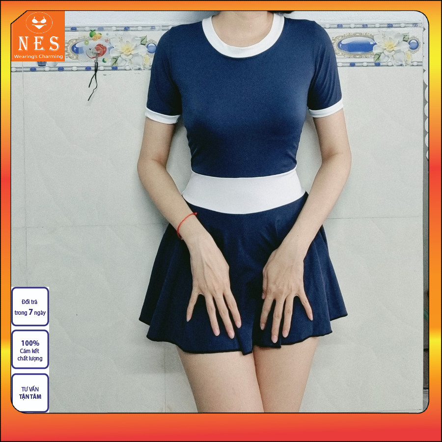Bikini đồ bơi nữ liền thân, váy bơi phối trắng đồ học bơi,áo tắm biển dáng váy xòe có quần bảo hộ, đồ bơi nữ Nes VN0102