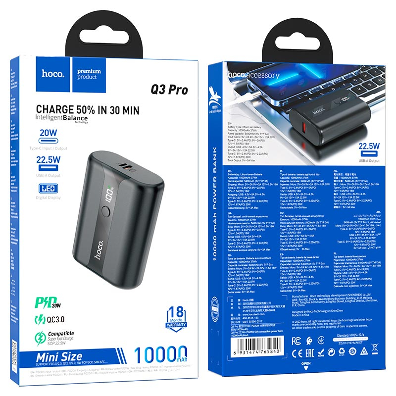 Pin dự phòng Hoco Q3 Pro 10000mAh hỗ trợ QC 3.0 22.5W và Type-C  PD 20W, Thiết kế siêu nhỏ