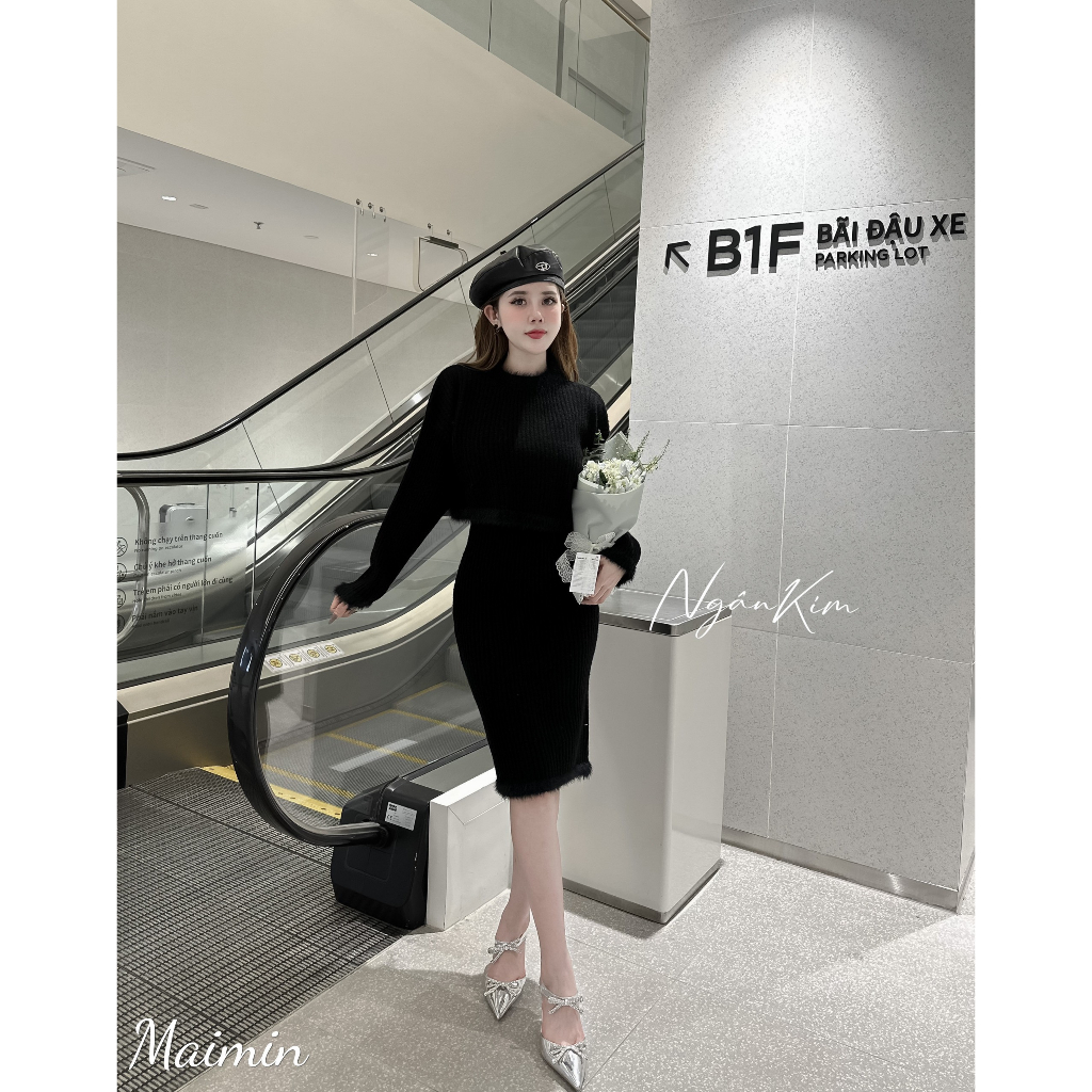 Set váy len kèm áo viền lông 4 màu Hàng QC