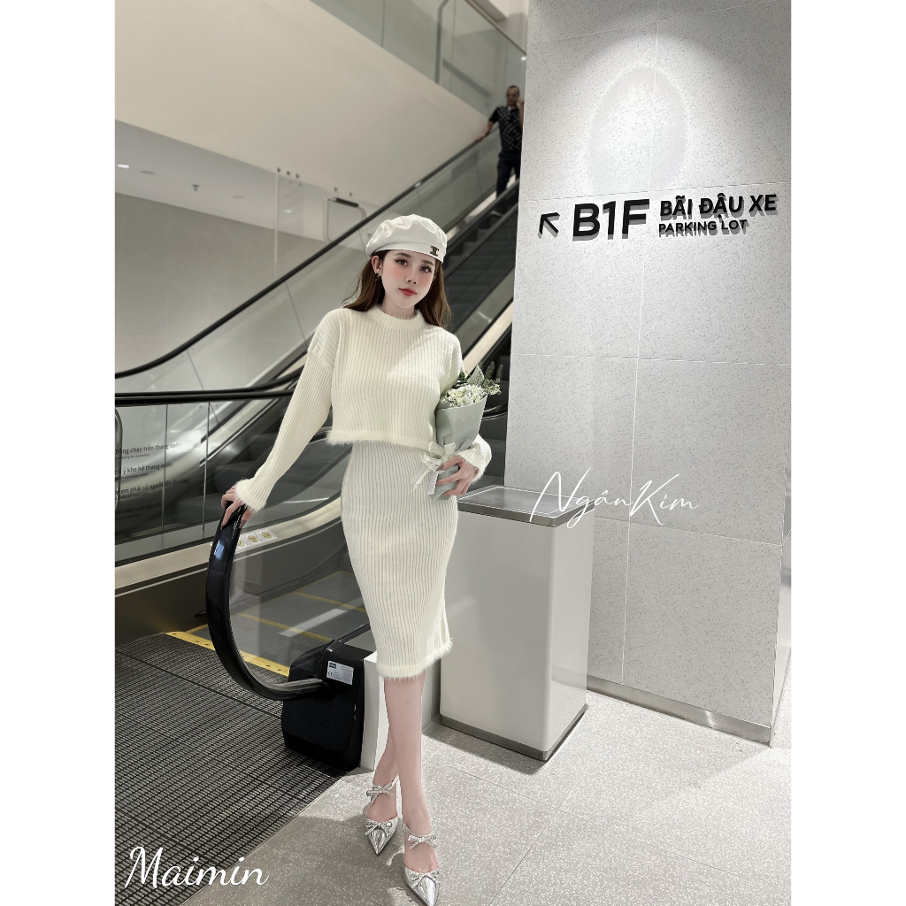 Set váy len kèm áo viền lông 4 màu Hàng QC