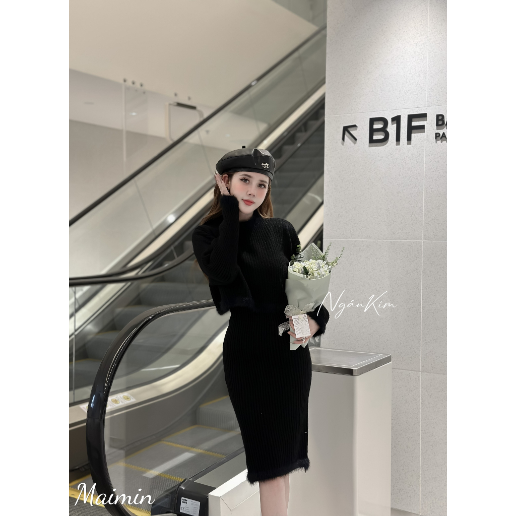 Set váy len kèm áo viền lông 4 màu Hàng QC