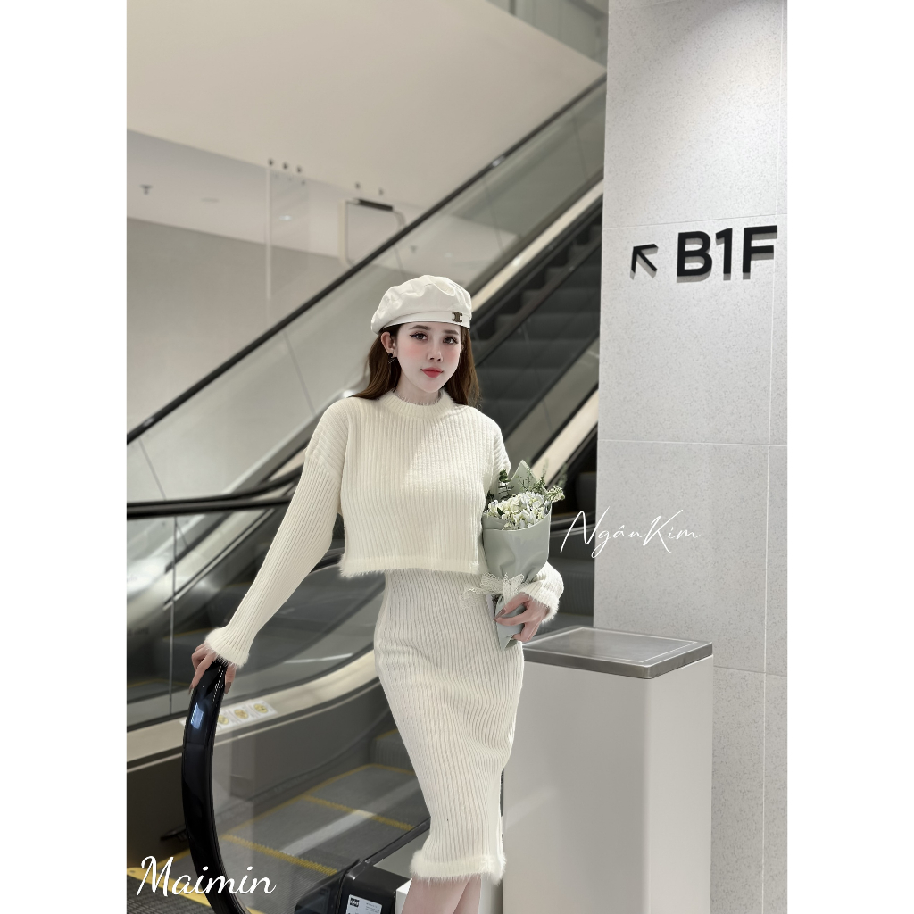 Set váy len kèm áo viền lông 4 màu Hàng QC