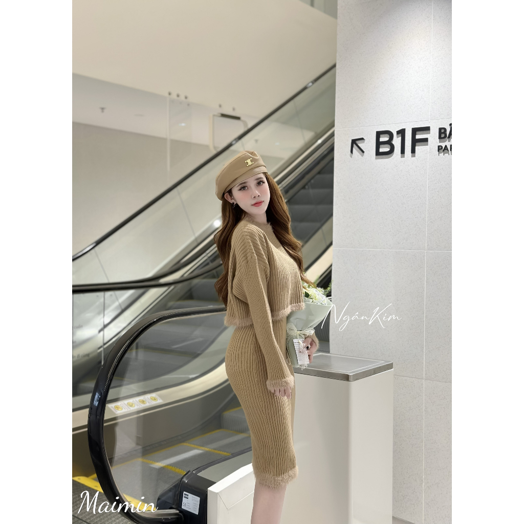 Set váy len kèm áo viền lông 4 màu Hàng QC