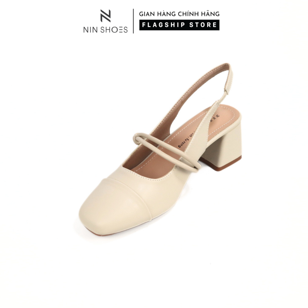 Cao gót Ninshoes đế vuông 6P mũi vuông hở gót tag dây thắt nút chốt ngọc tiện lợi