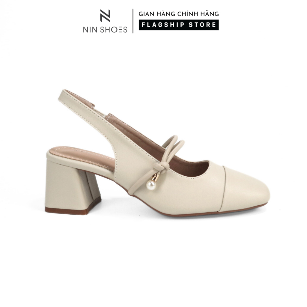 Cao gót Ninshoes đế vuông 6P mũi vuông hở gót tag dây thắt nút chốt ngọc tiện lợi