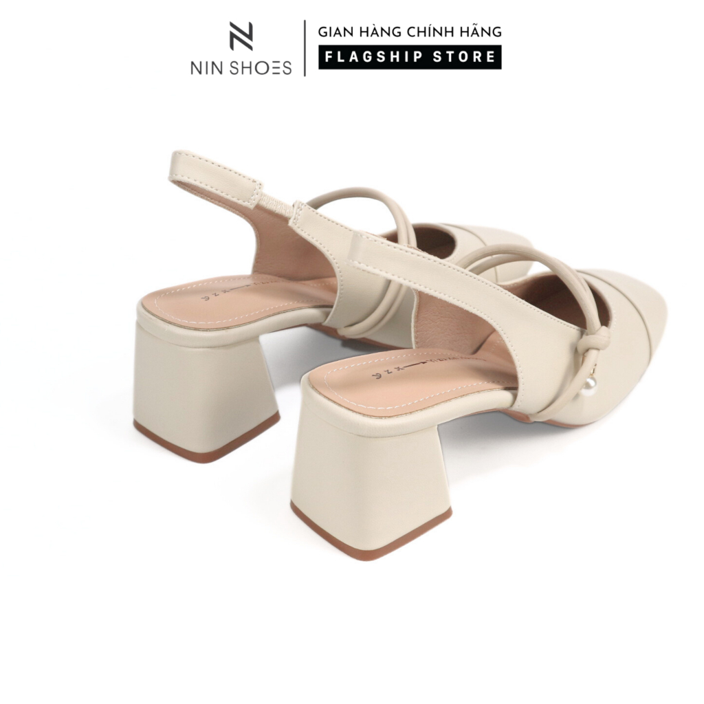 Cao gót Ninshoes đế vuông 6P mũi vuông hở gót tag dây thắt nút chốt ngọc tiện lợi